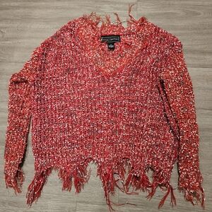 Polly & Esther Red Fringed V-Neck Sweater